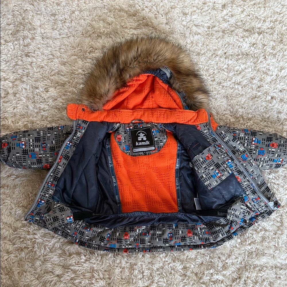 Kamik Kids' Patterned Gray and Vibrant Orange Puffer Jacket
